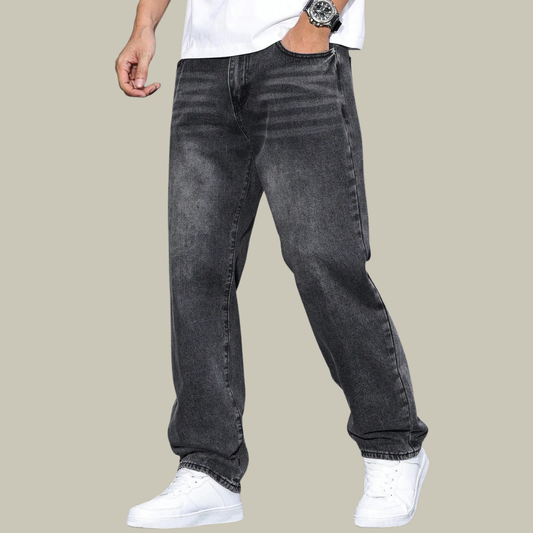 Men's Relaxed Fit Washed Denim Jeans - Vintage Straight Leg Pants