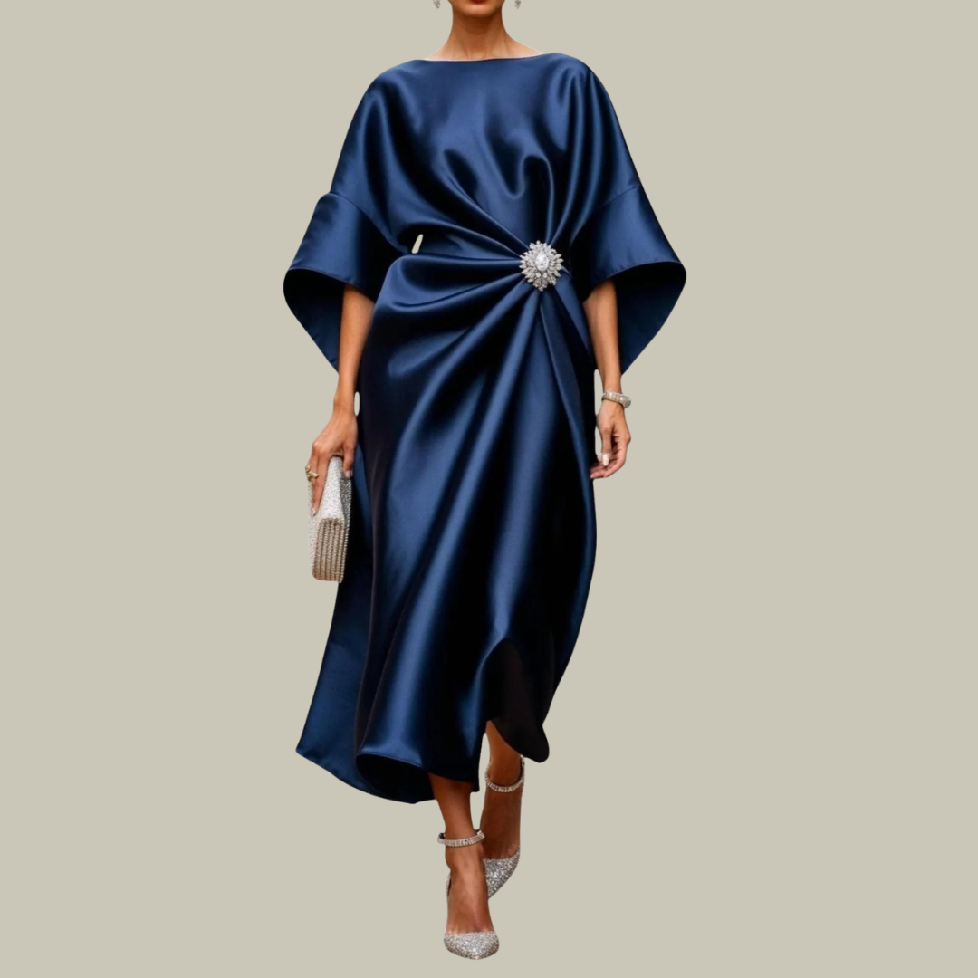 Women's Satin Relaxed V-Neck Pleated Dress