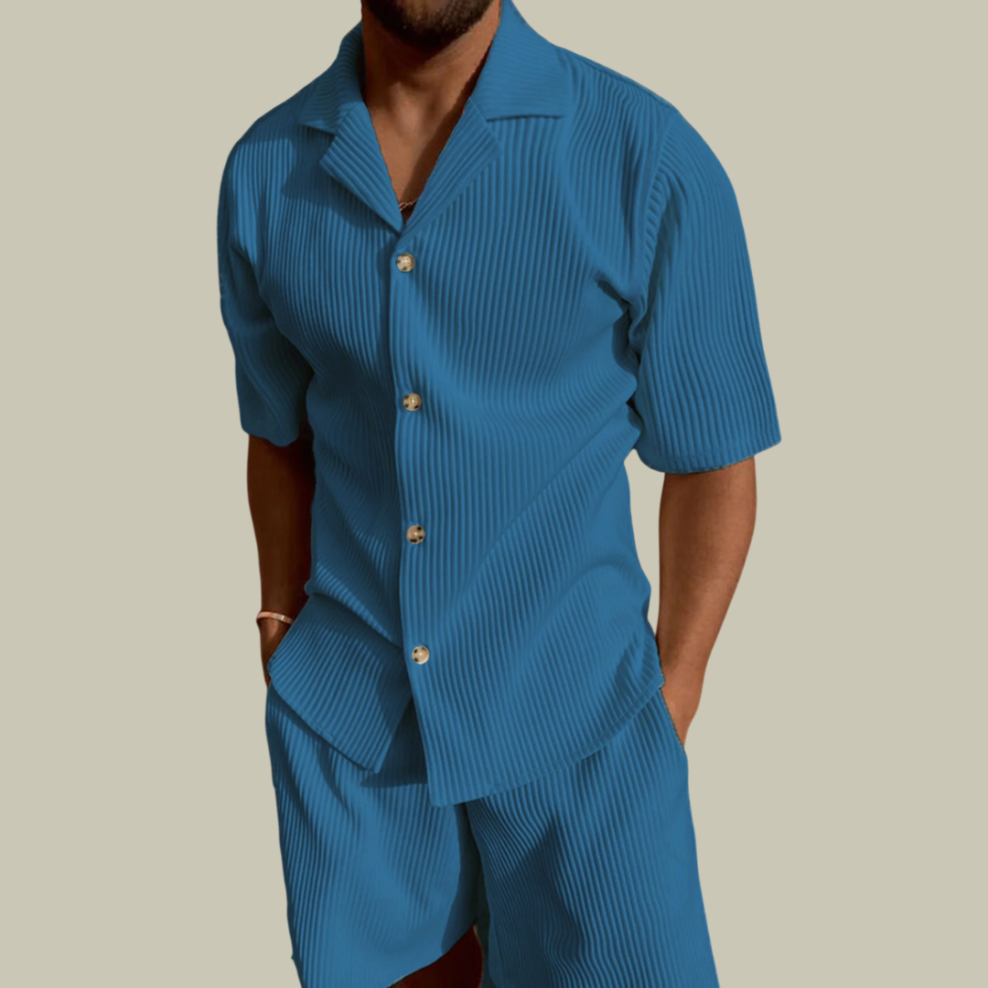 Men's Pleated Summer Co-ord Set - Cuban Collar Shirt & Shorts Outfit