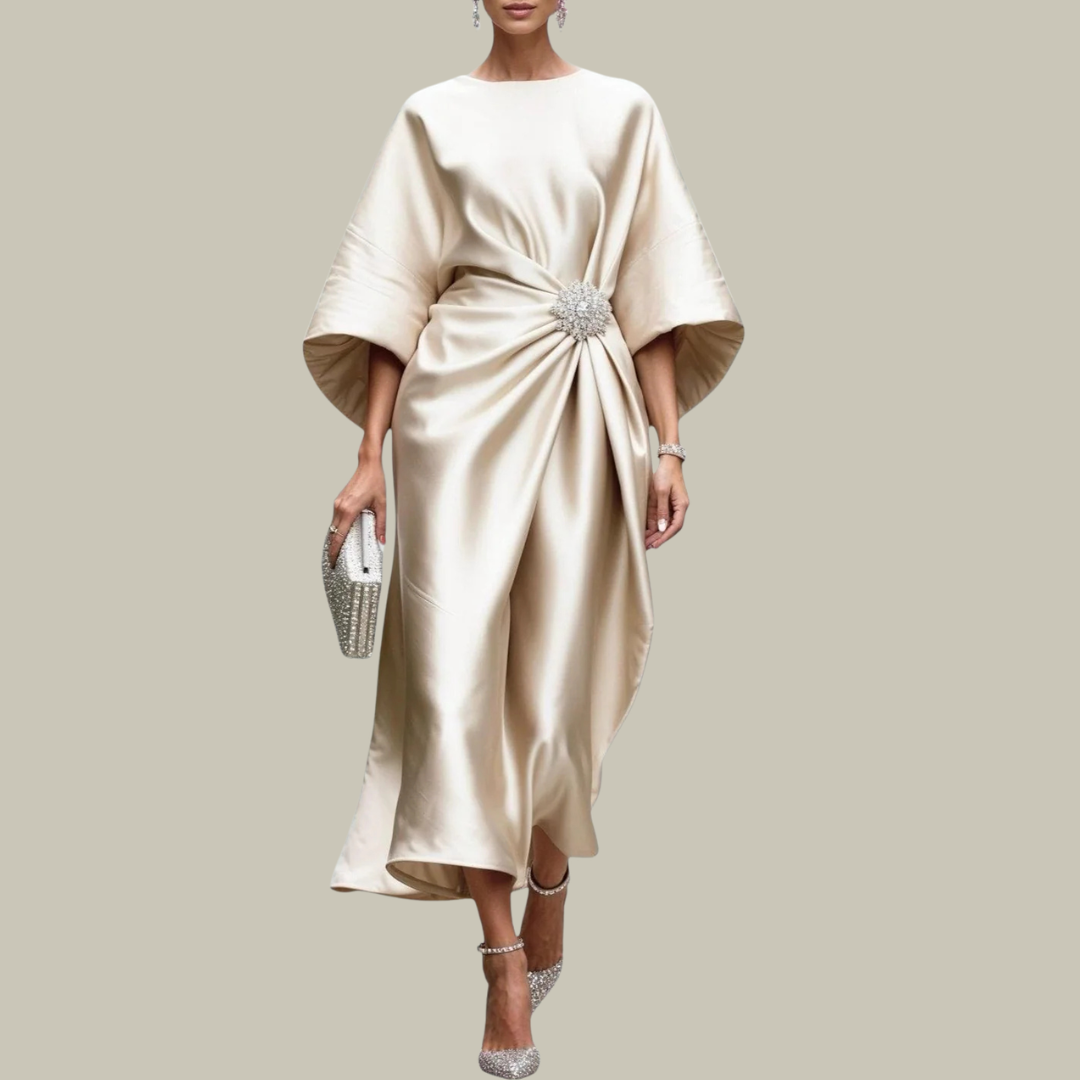 Women's Satin Relaxed V-Neck Pleated Dress
