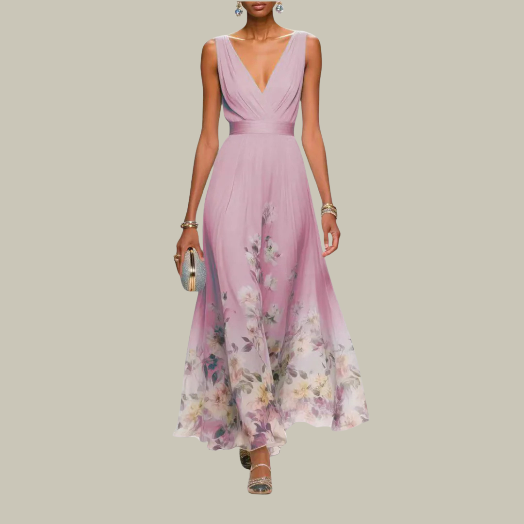 Women's Floral Pleated V-Neck Maxi Dress
