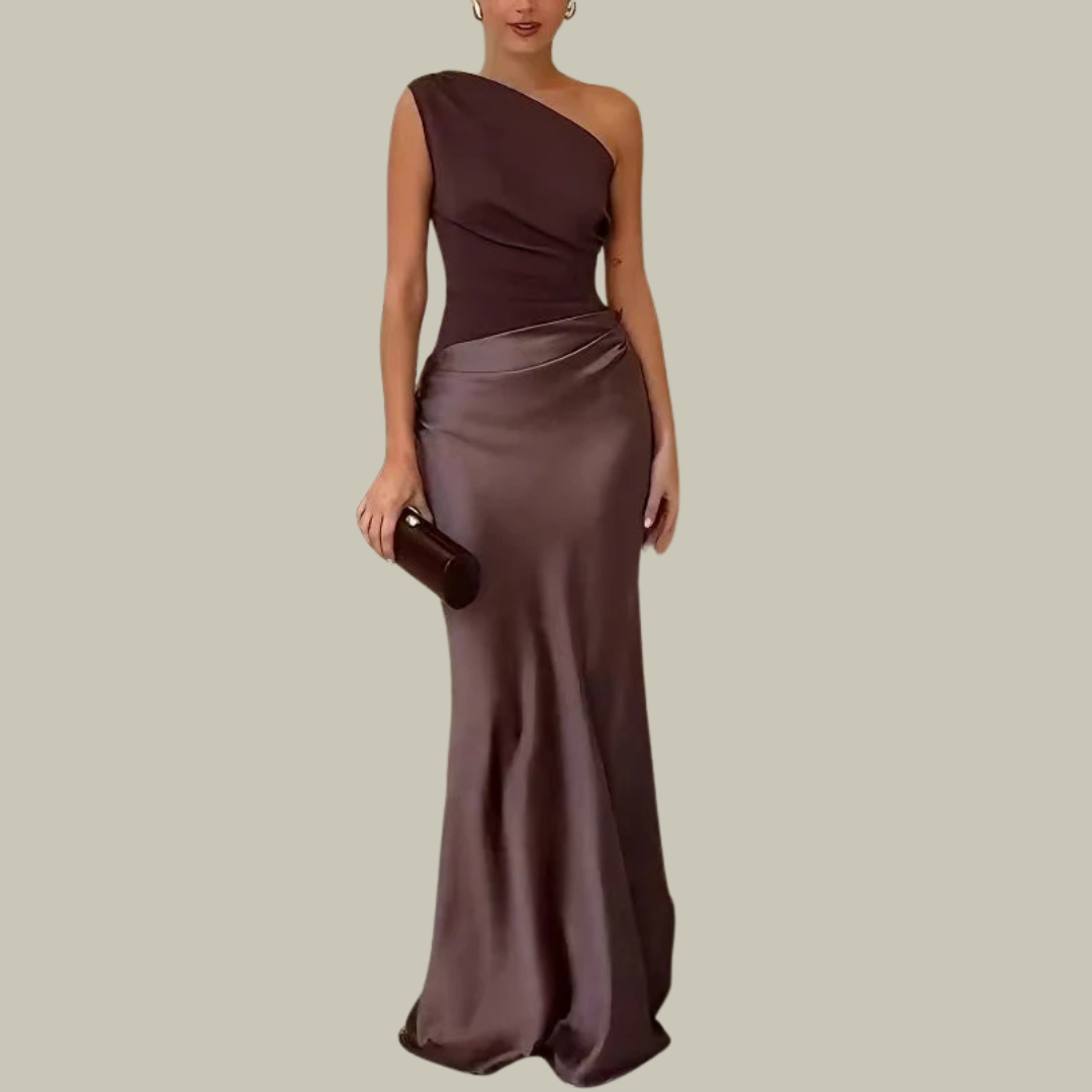 Women's One-Shoulder Ruched Satin Maxi Dress