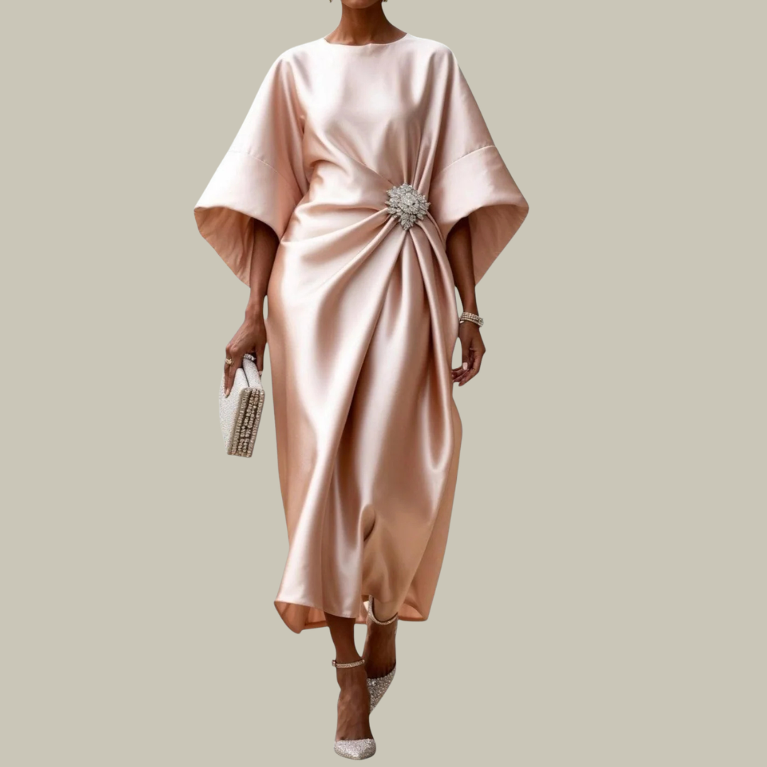Women's Satin Relaxed V-Neck Pleated Dress