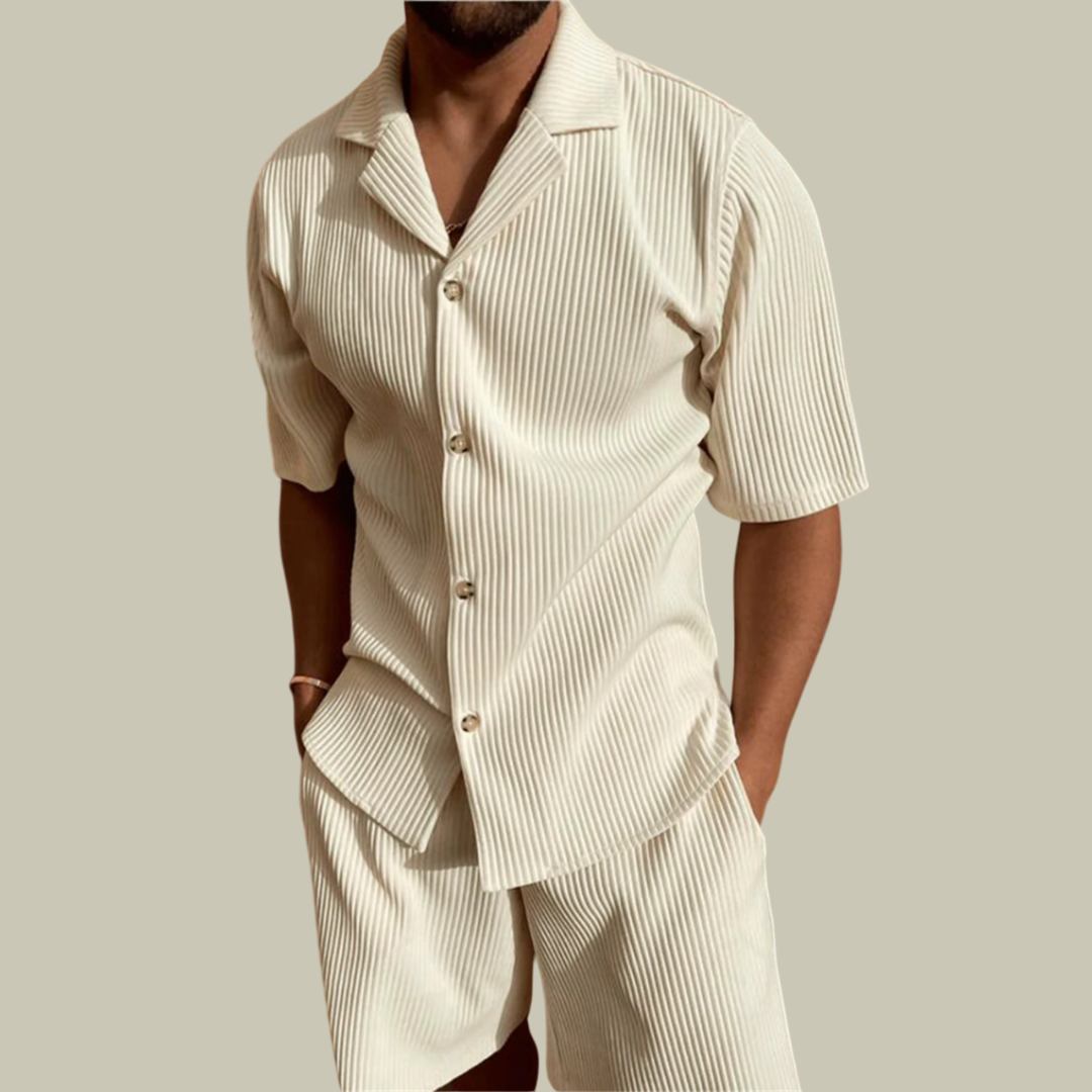 Men's Pleated Summer Co-ord Set - Cuban Collar Shirt & Shorts Outfit