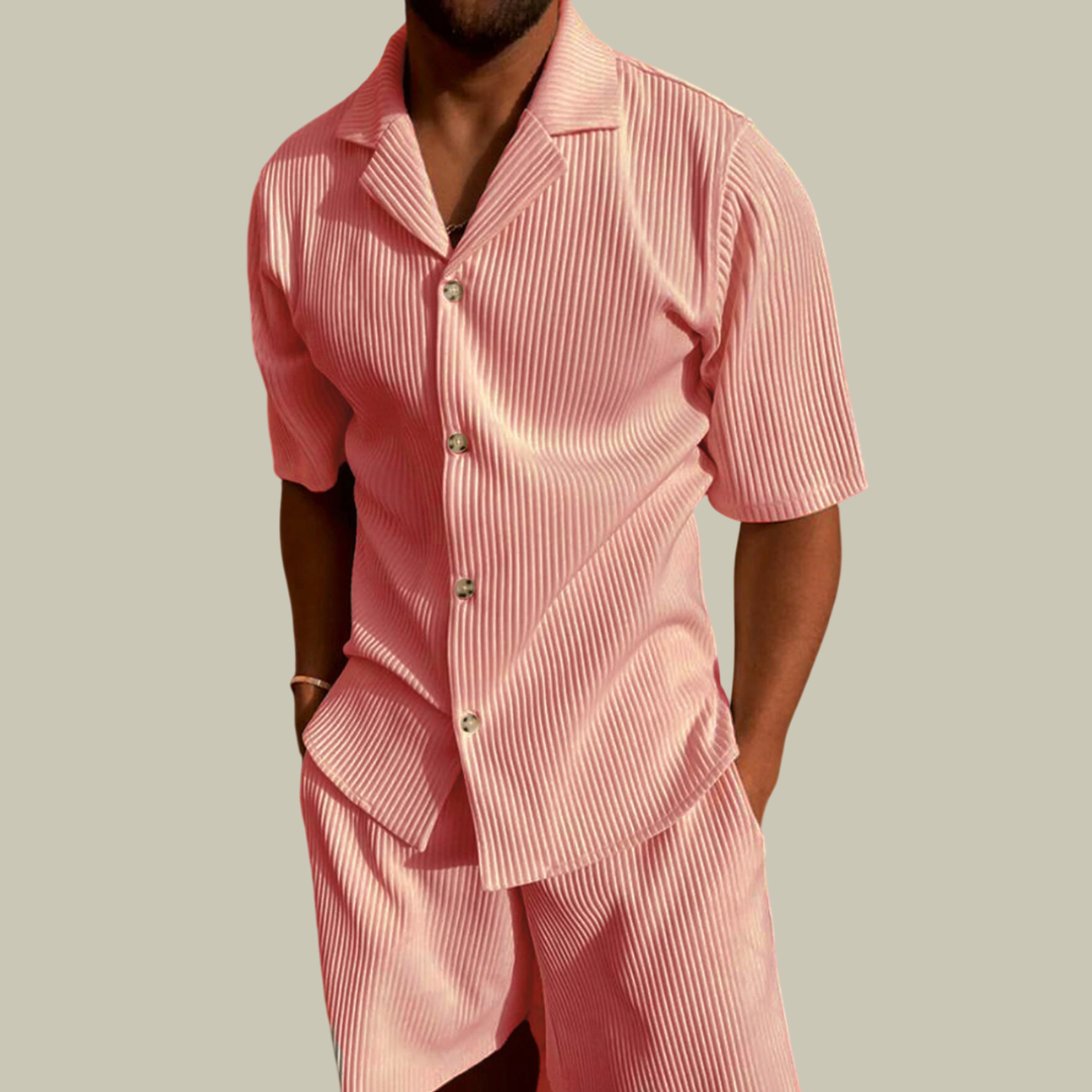 Men's Pleated Summer Co-ord Set - Cuban Collar Shirt & Shorts Outfit