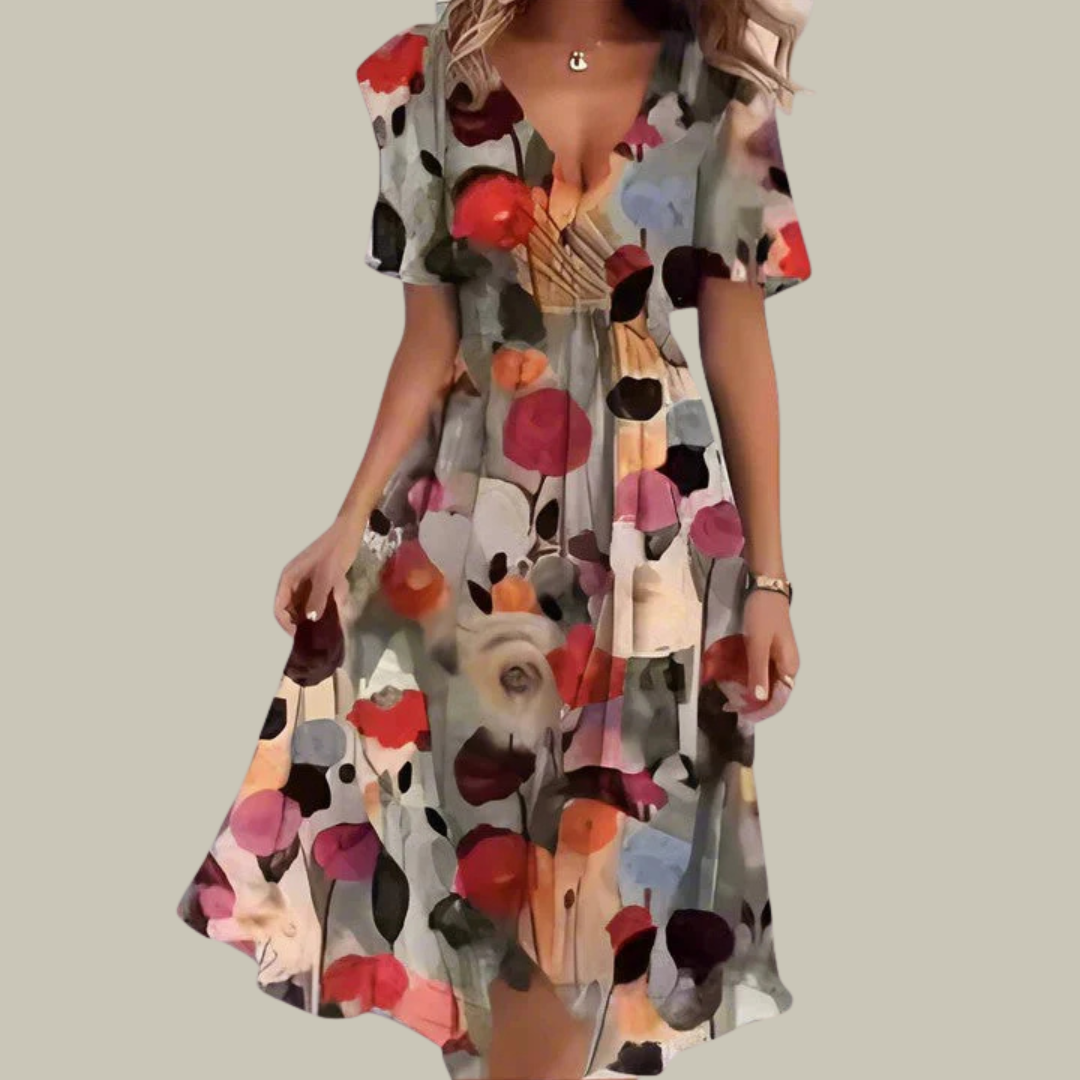 Women's Floral V-Neck Pleated Maxi Dress