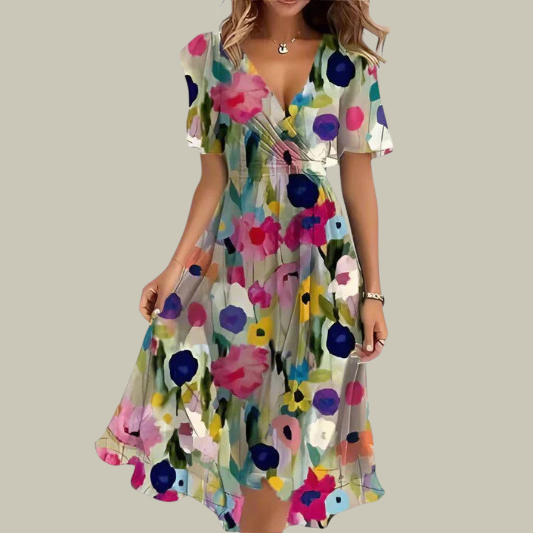Women's Floral V-Neck Pleated Maxi Dress