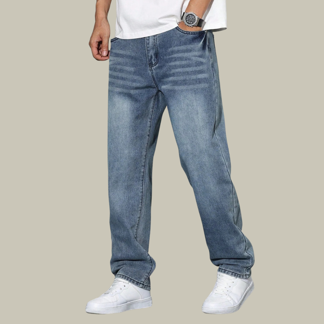 Men's Relaxed Fit Washed Denim Jeans - Vintage Straight Leg Pants