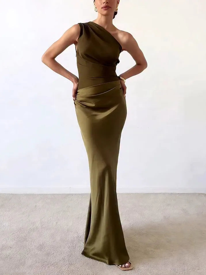 Anita™ | Elegant One Shoulder Neck Pleated Party Maxi Dress 1