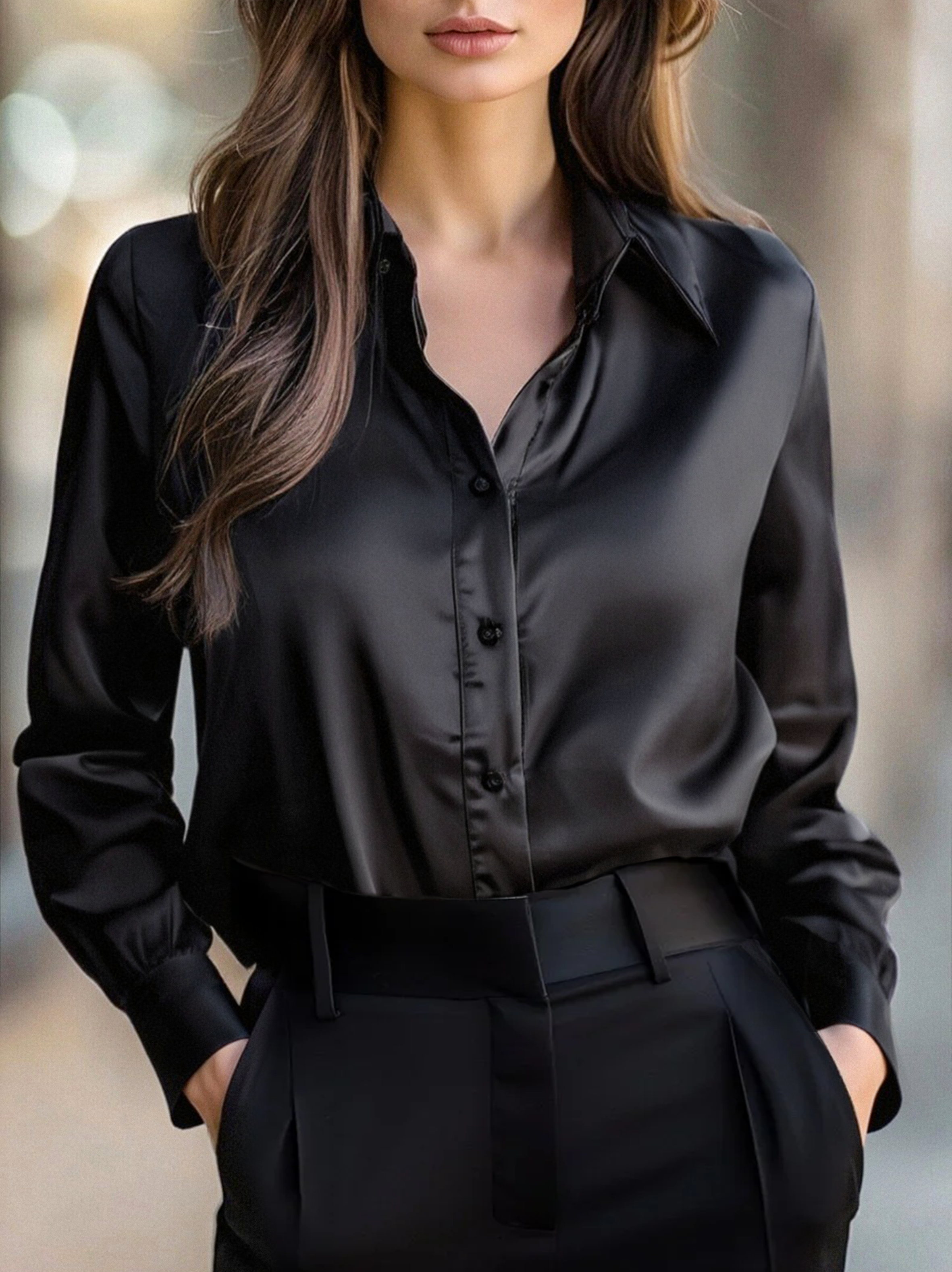 Elegant Black Satin Long Sleeves Blouse 0