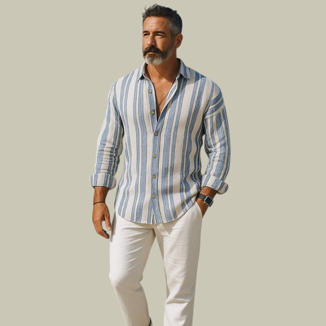 Men's Vertical Striped Linen Shirt - Casual Summer Beach Top