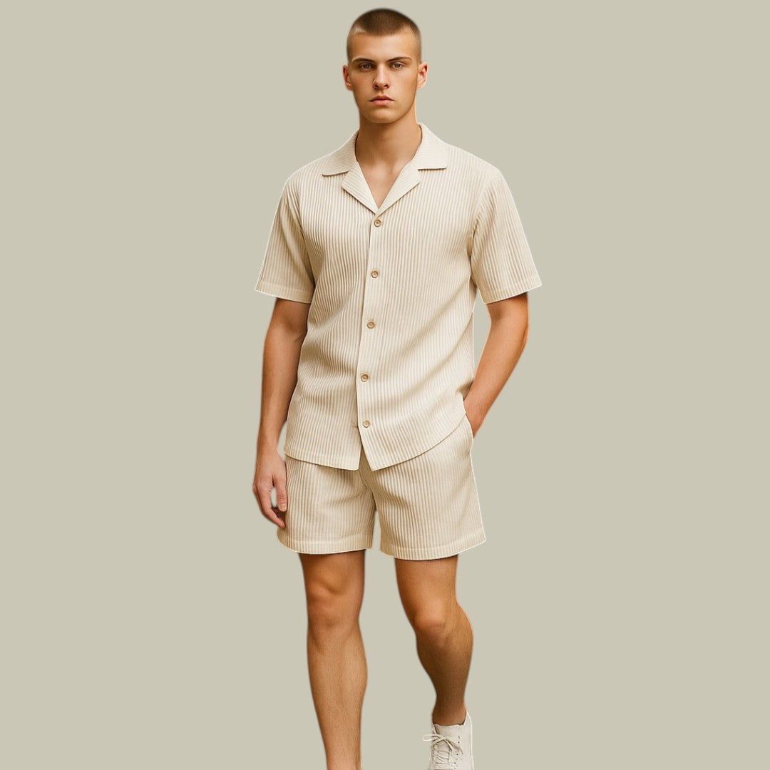 Men's Pleated Summer Co-ord Set - Cuban Collar Shirt & Shorts Outfit