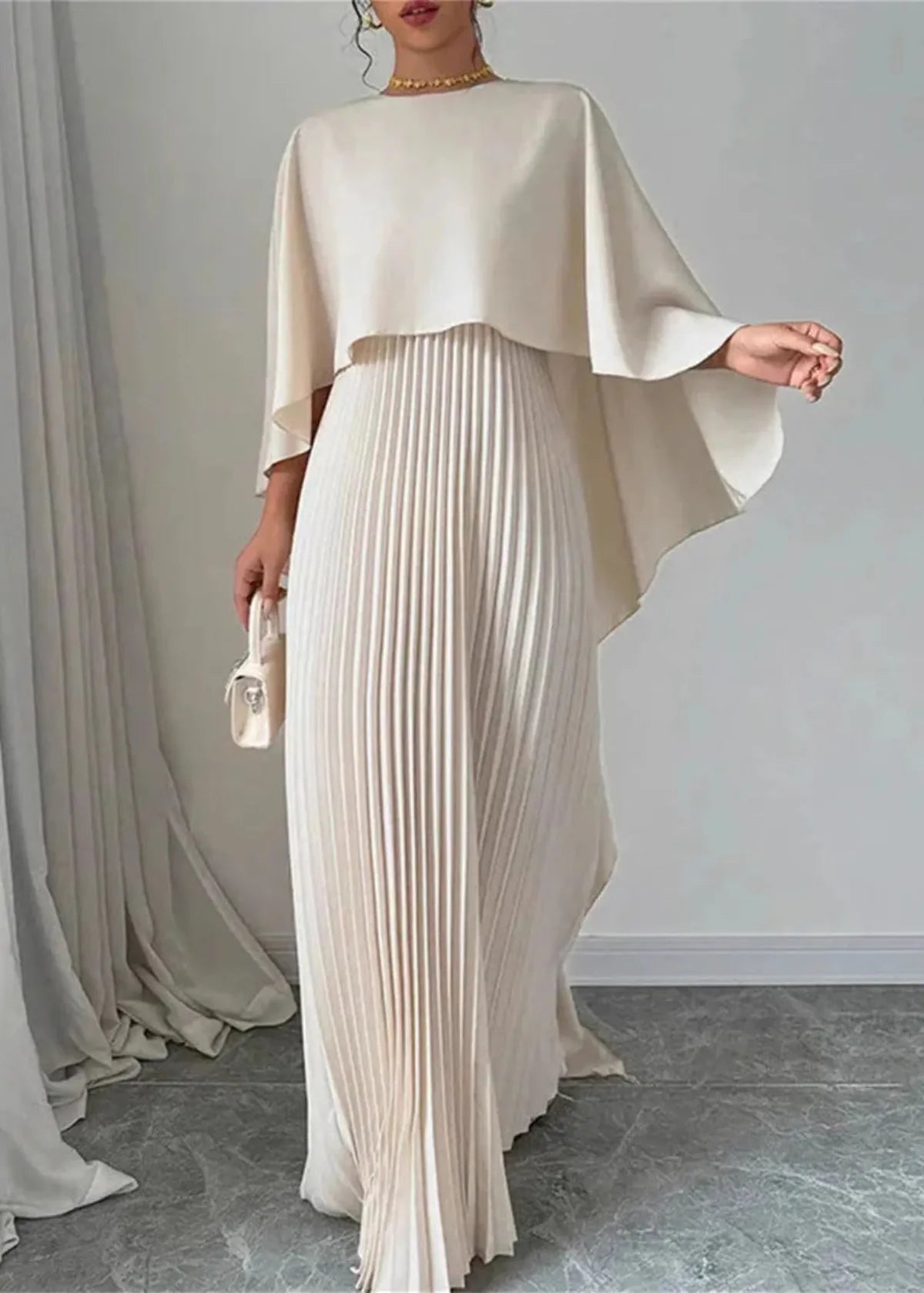 Makayla | Women’s Wedding Guest Pleated Cape Maxi Dress 0
