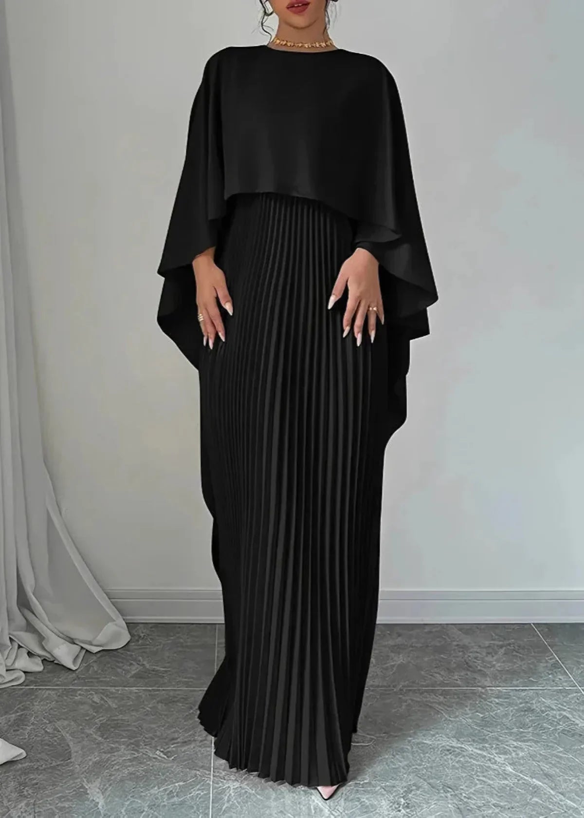 Makayla | Women’s Wedding Guest Pleated Cape Maxi Dress 4