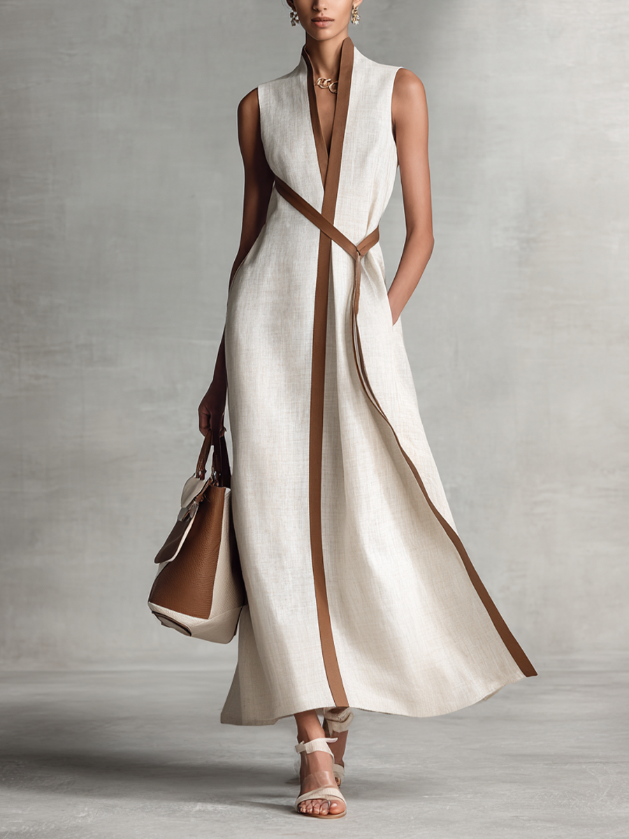 Maxi Dress Sleeveless with V-Neck and Tie Waist for Women 0