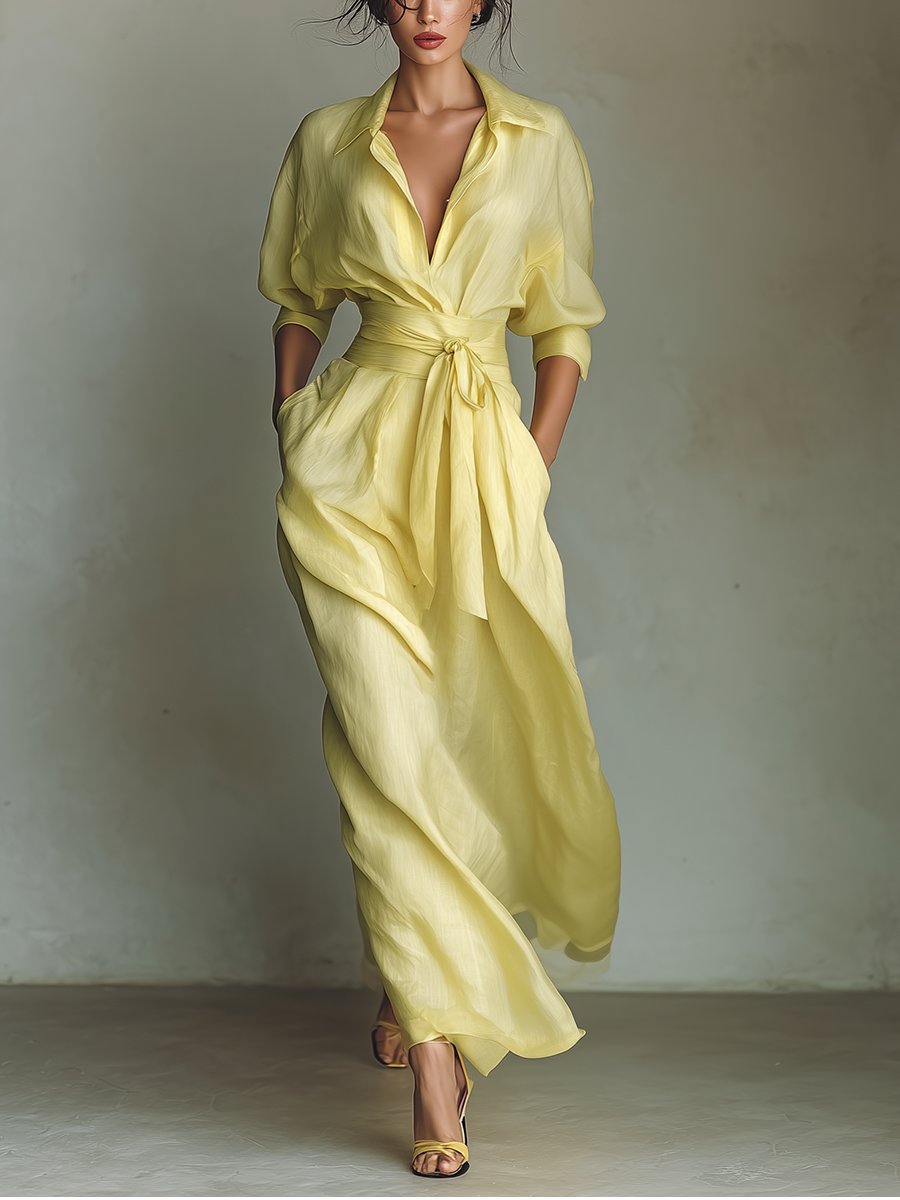 Maxi Shirt Dress for Women in Lemon Yellow with a Tie Belt & Three-Quarter Sleeves 0