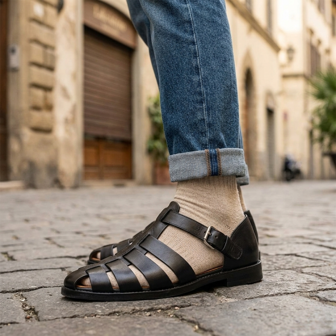 Men’s Leather Sandals Closed Toe Buckle Strap Summer Shoes 5