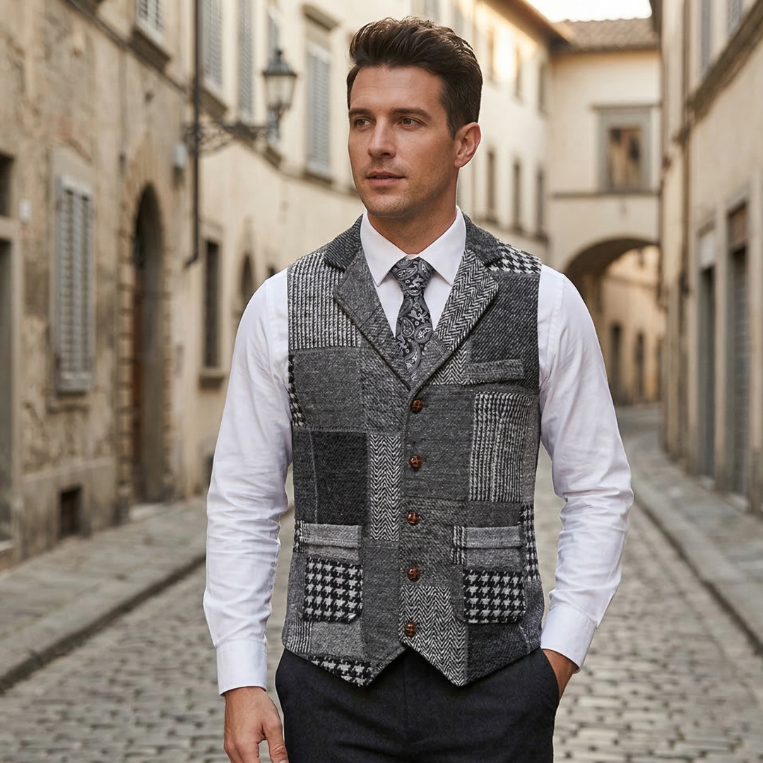 Men’s Patchwork Tweed Vest Vintage Style Tailored Waistcoat 3