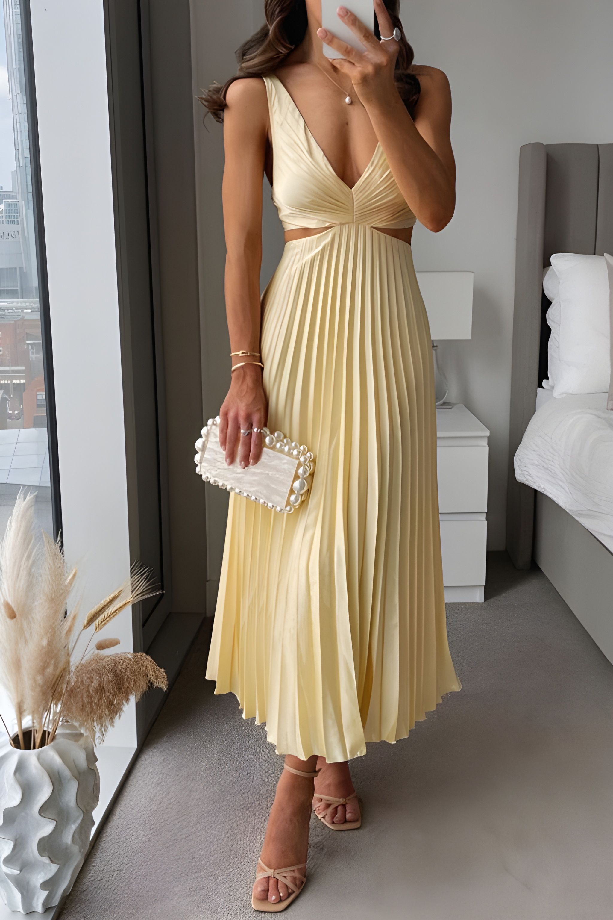 Midi Dress Women - Cut Out Pleated Skirt Deep V | Summer 0