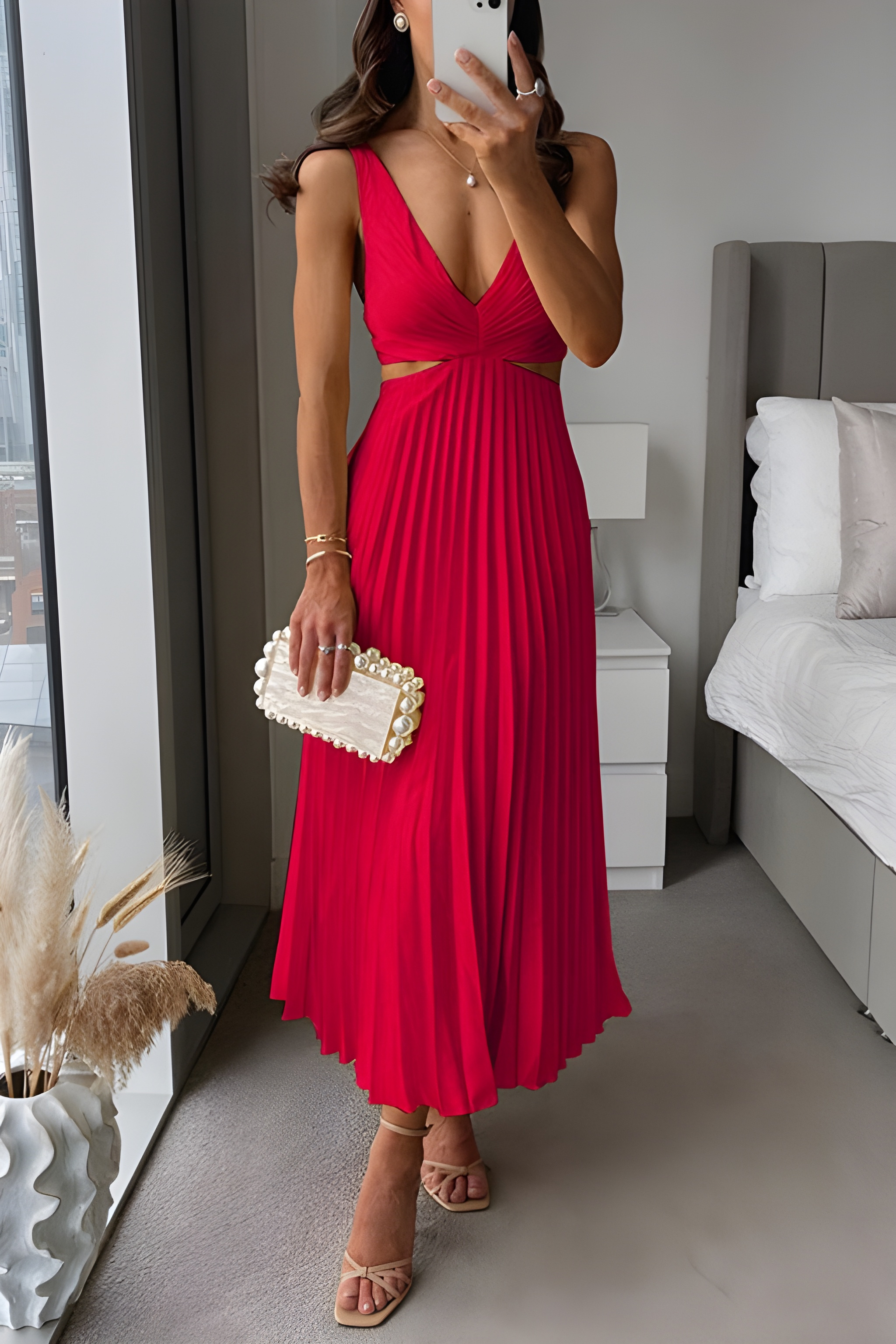 Midi Dress Women - Cut Out Pleated Skirt Deep V | Summer 1
