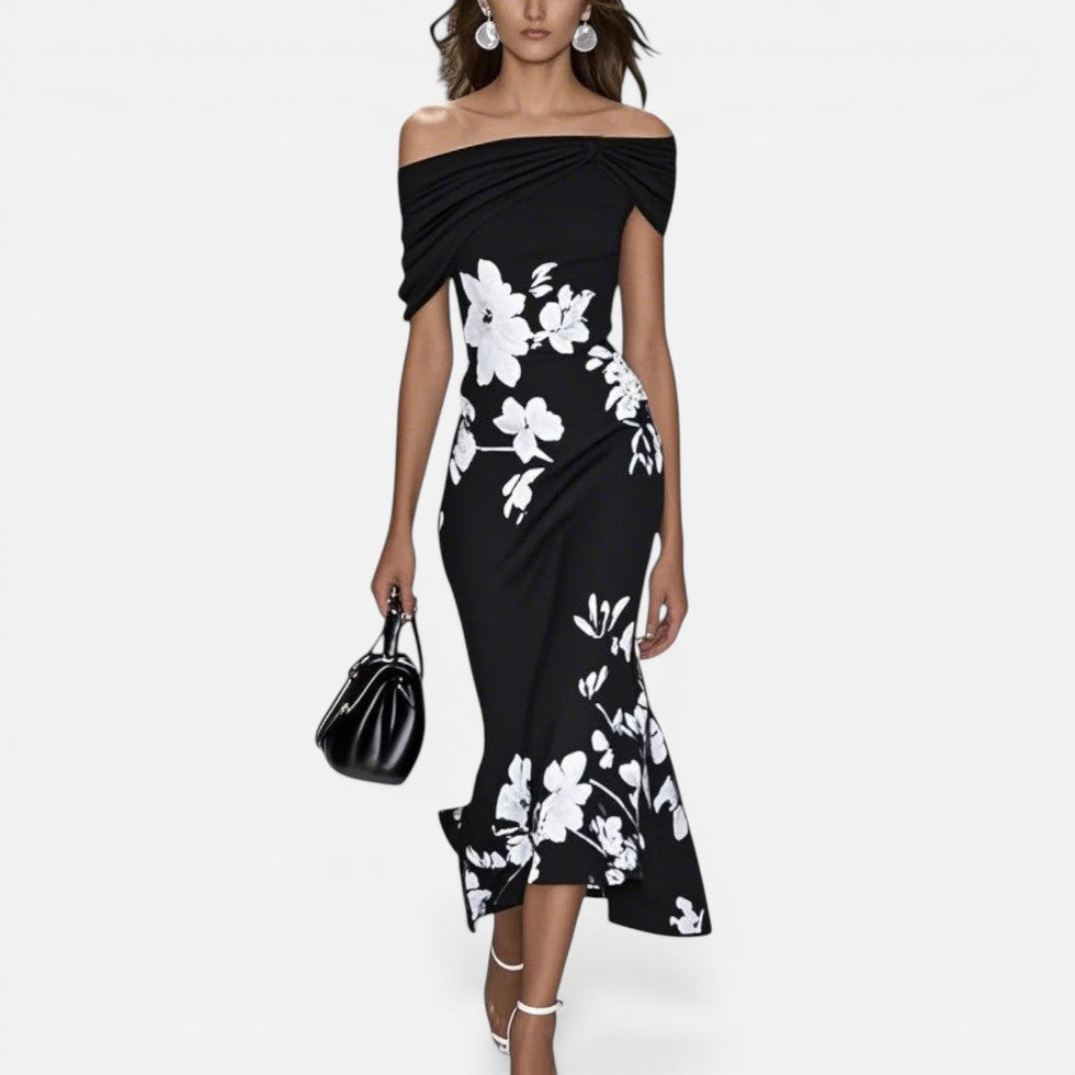 Off Shoulder Floral Midi Dress with Fitted Silhouette 0
