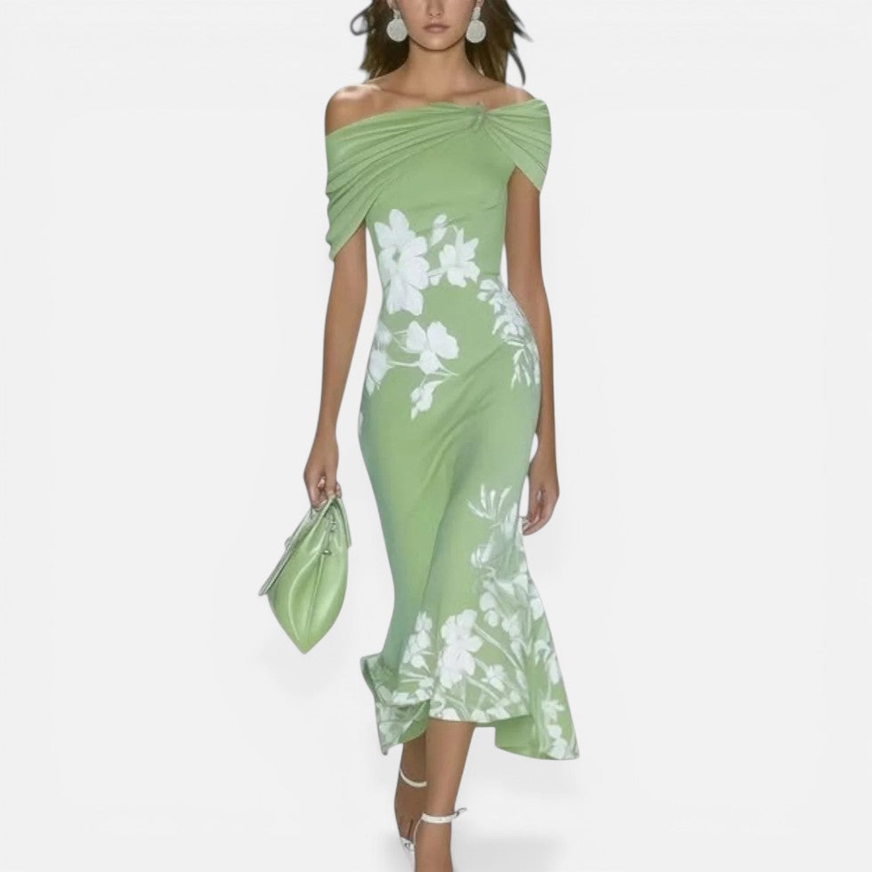 Off Shoulder Floral Midi Dress with Fitted Silhouette 1