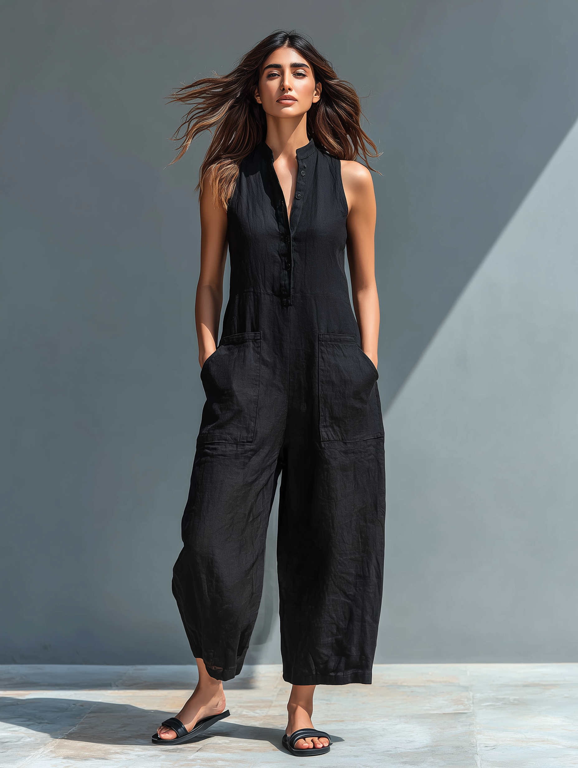 Sleeveless Minimalist Jumpsuit for Women with High Collar and Buttons 0