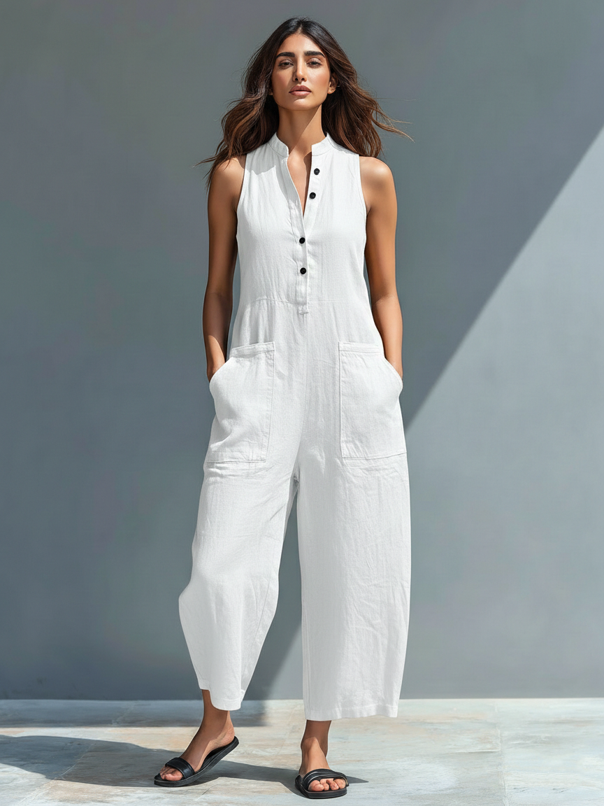 Sleeveless Minimalist Jumpsuit for Women with High Collar and Buttons 6