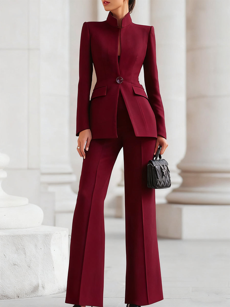 Sophisticated High-Collar Blazer & Wide-Leg Trousers Set 6