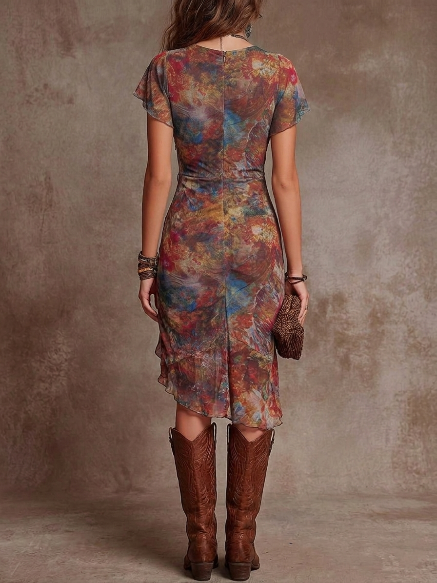 Virginia · Midi Pleated Dress with V-Neck, Abstract Art Print in Bohemian Style 3