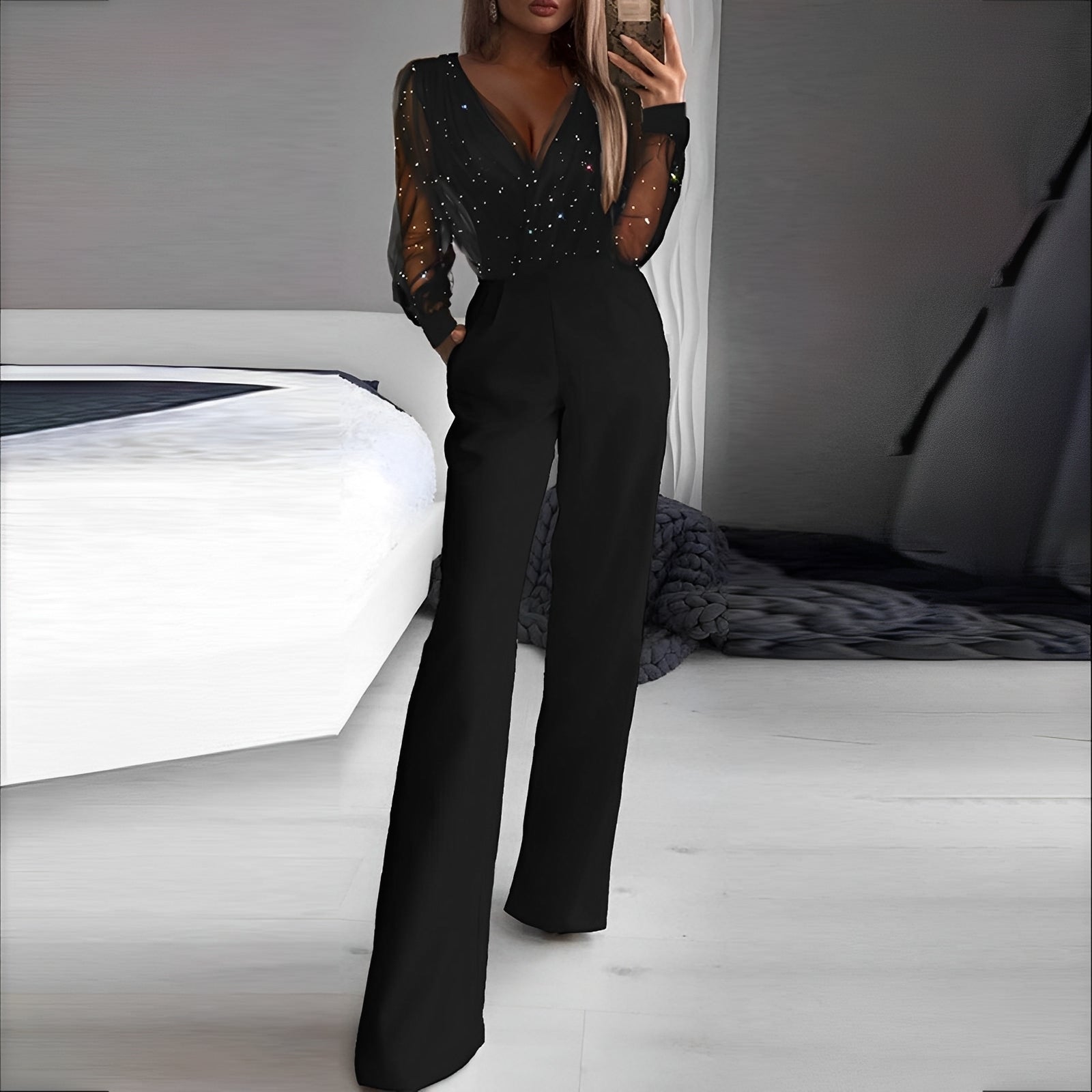 Women's V-Neck Jumpsuit with High Waist and Wide Legs | Ideal for Everyday Wear and Special Occasions 0