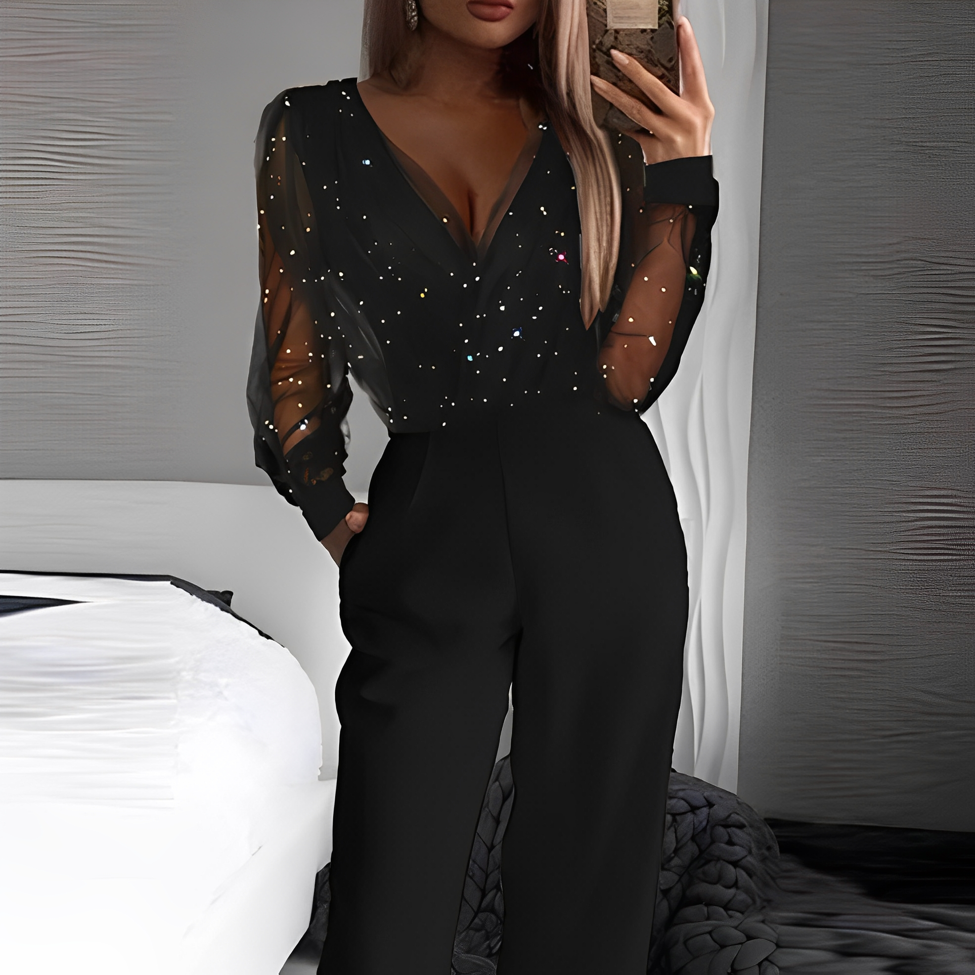 Women's V-Neck Jumpsuit with High Waist and Wide Legs | Ideal for Everyday Wear and Special Occasions 1