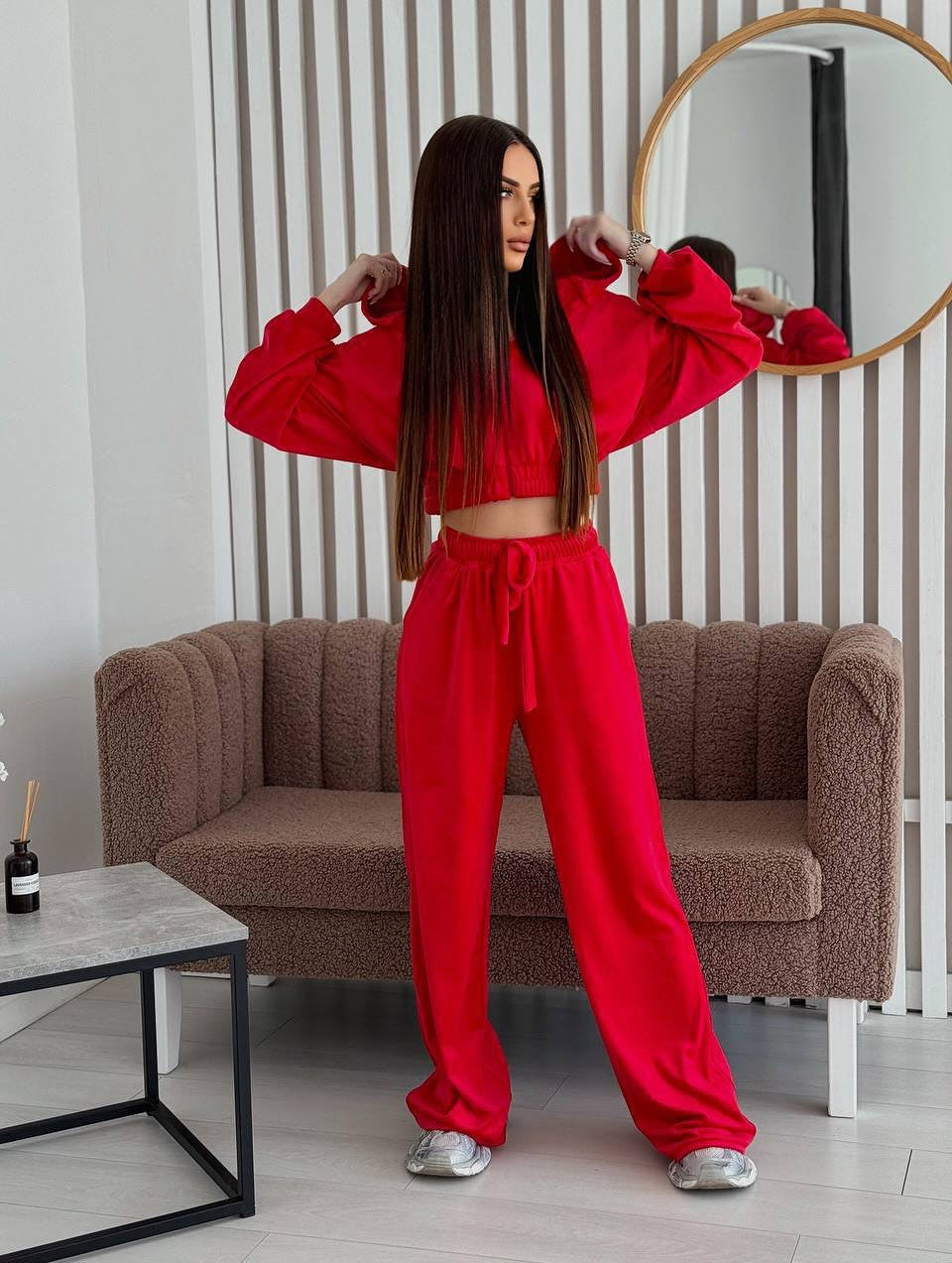 Women's Velour Leisure Suit with Cropped Top and Wide Leg Lune London 7