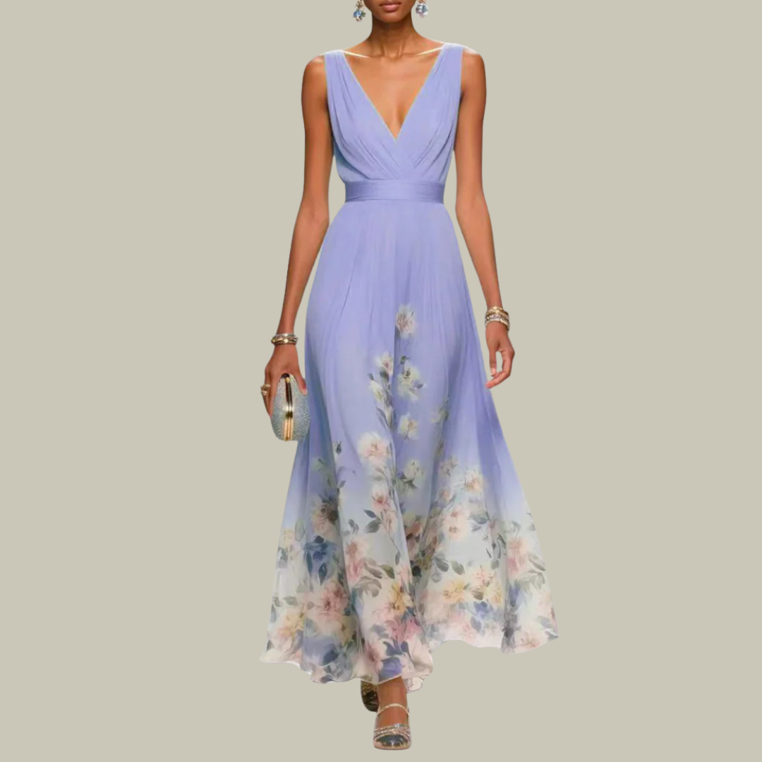 Women's Floral Pleated V-Neck Maxi Dress