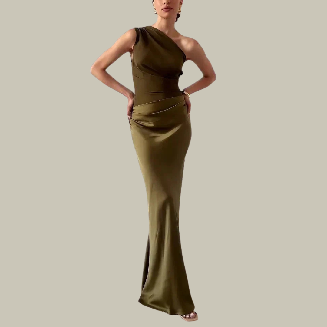 Women's One-Shoulder Ruched Satin Maxi Dress