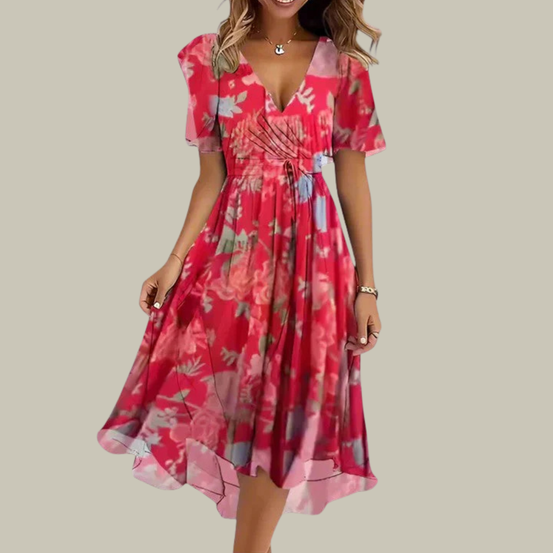 Women's Floral V-Neck Pleated Maxi Dress