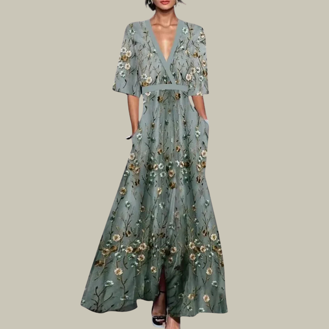 Women's Embroidered V-Neck Mesh Maxi Dress