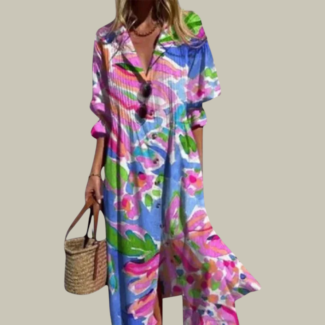 Women's Floral V-Neck Pleated Maxi Dress