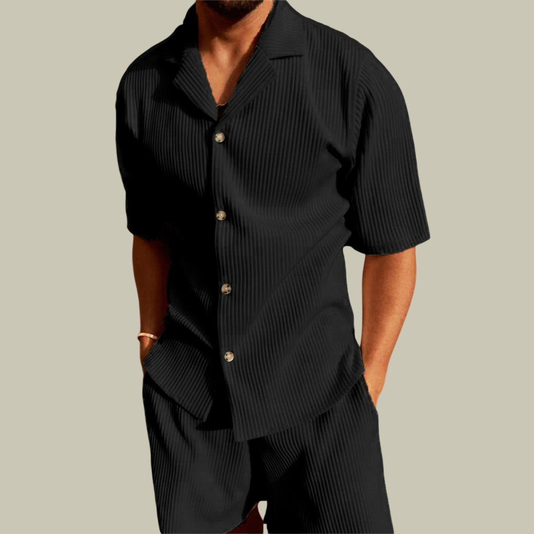 Men's Pleated Summer Co-ord Set - Cuban Collar Shirt & Shorts Outfit