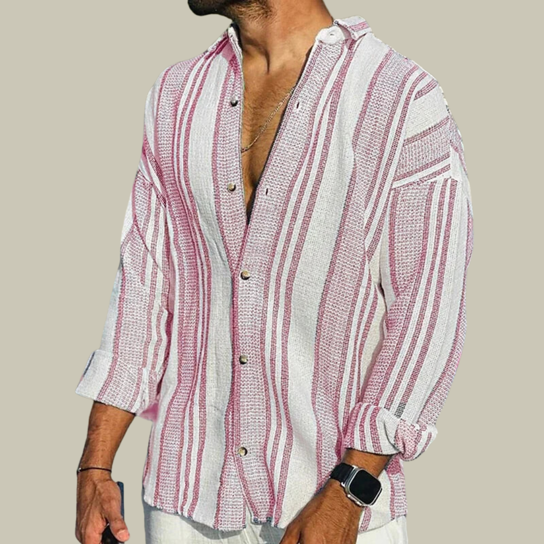 Men's Vertical Striped Linen Shirt - Casual Summer Beach Top
