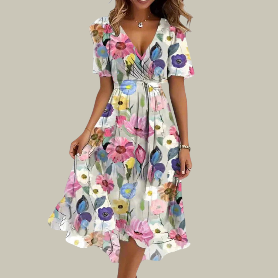 Women's Floral V-Neck Pleated Maxi Dress