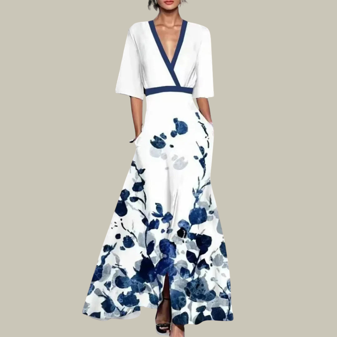 Women's Embroidered V-Neck Mesh Maxi Dress