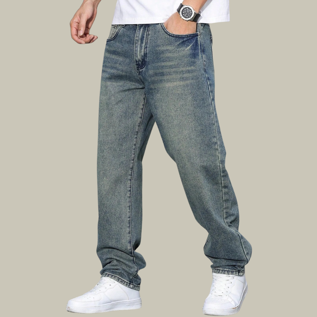 Men's Relaxed Fit Washed Denim Jeans - Vintage Straight Leg Pants