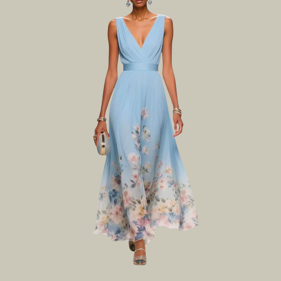 Women's Floral Pleated V-Neck Maxi Dress
