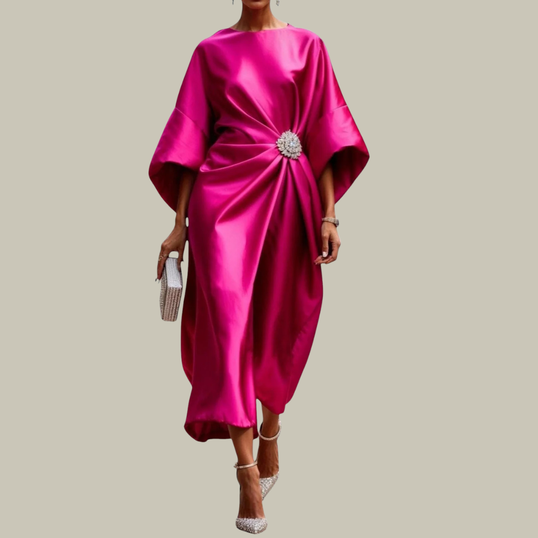 Women's Satin Relaxed V-Neck Pleated Dress