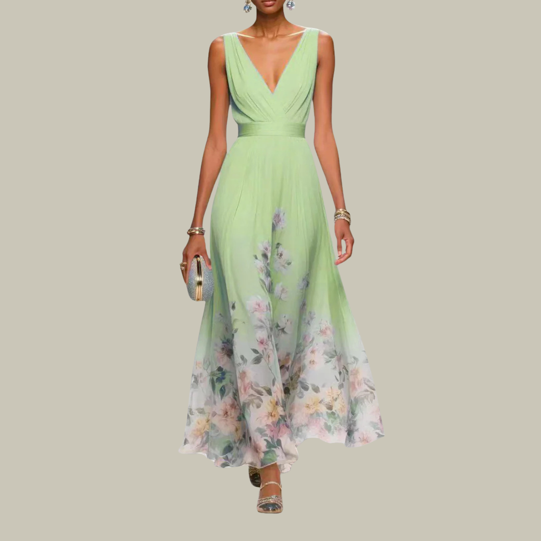 Women's Floral Pleated V-Neck Maxi Dress
