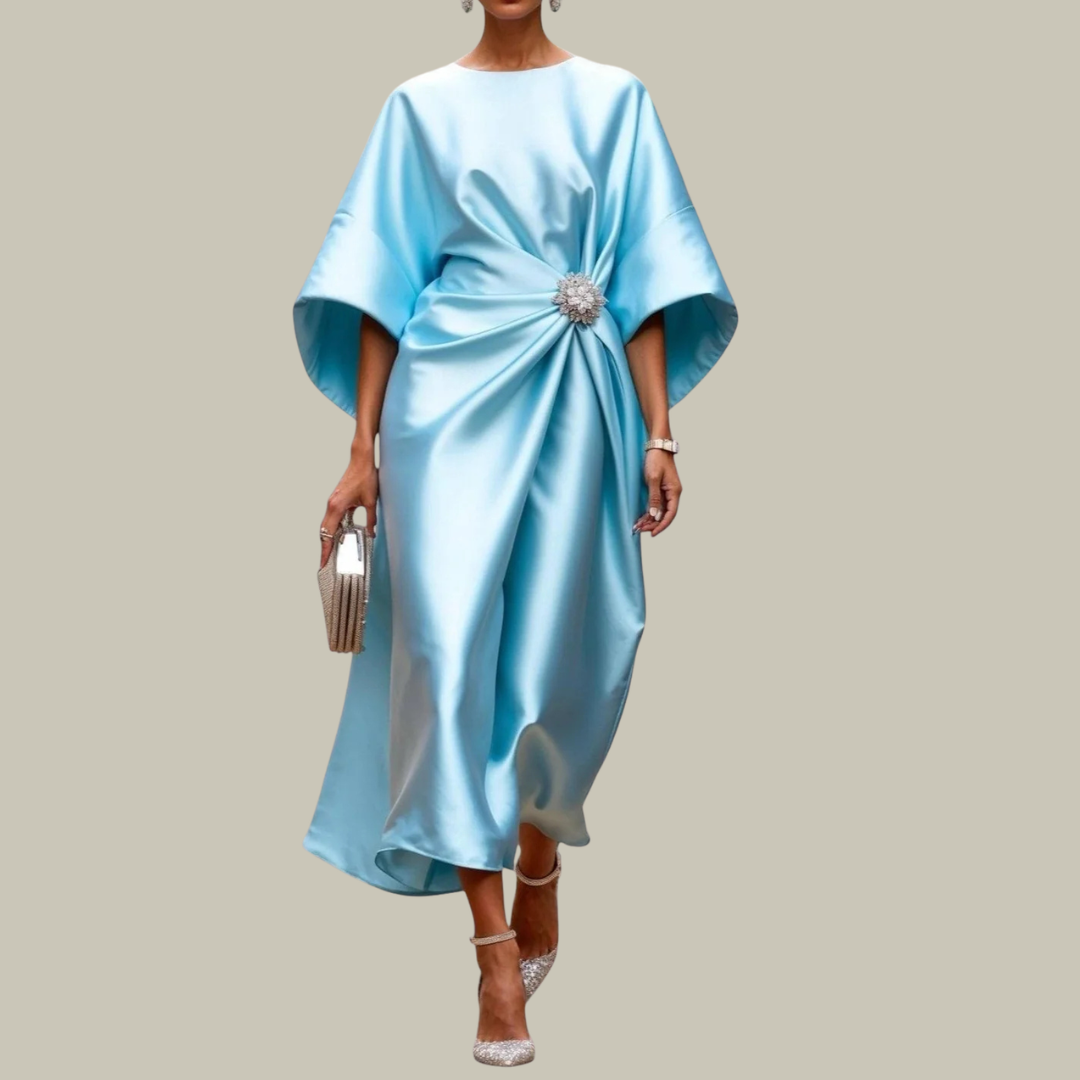 Women's Satin Relaxed V-Neck Pleated Dress