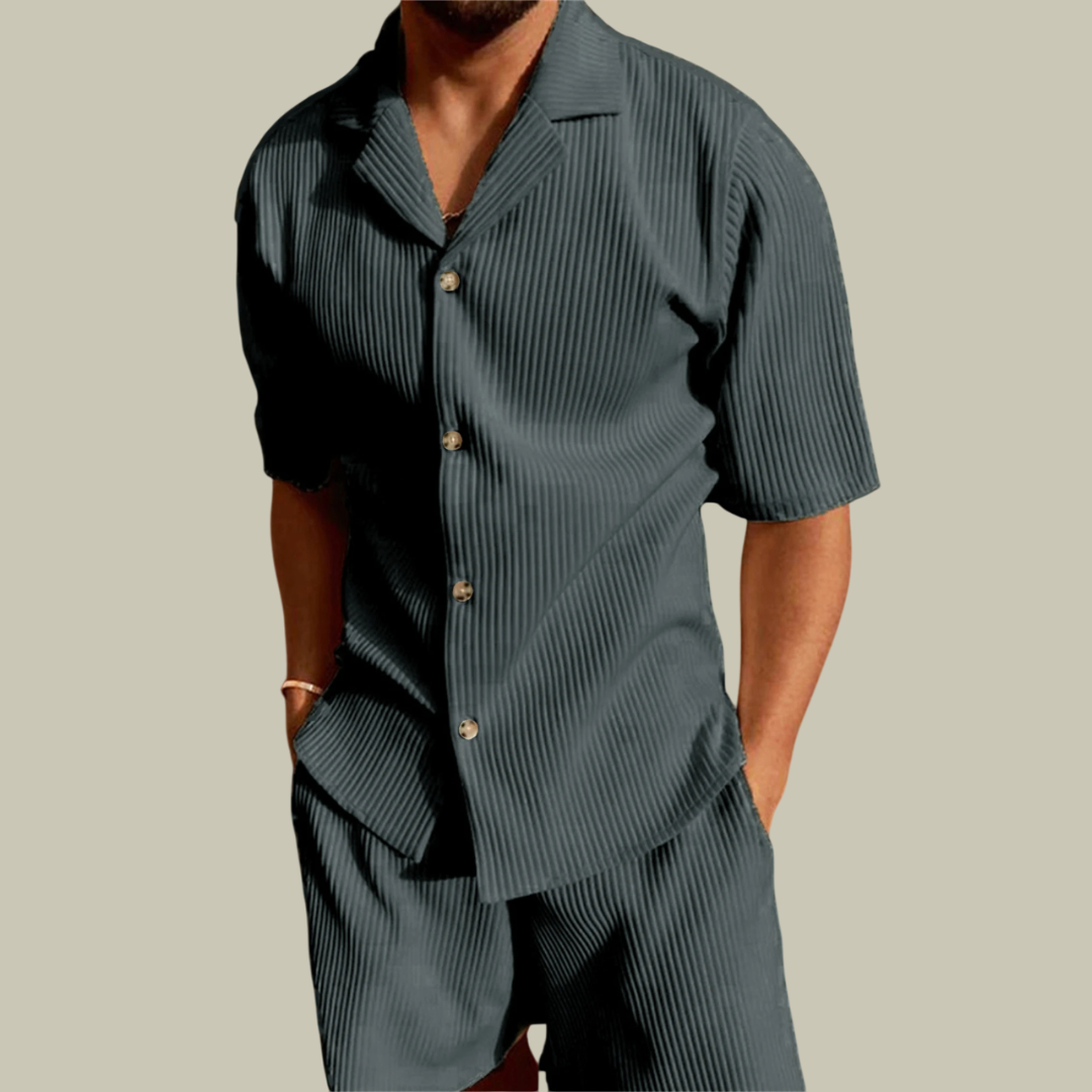 Men's Pleated Summer Co-ord Set - Cuban Collar Shirt & Shorts Outfit