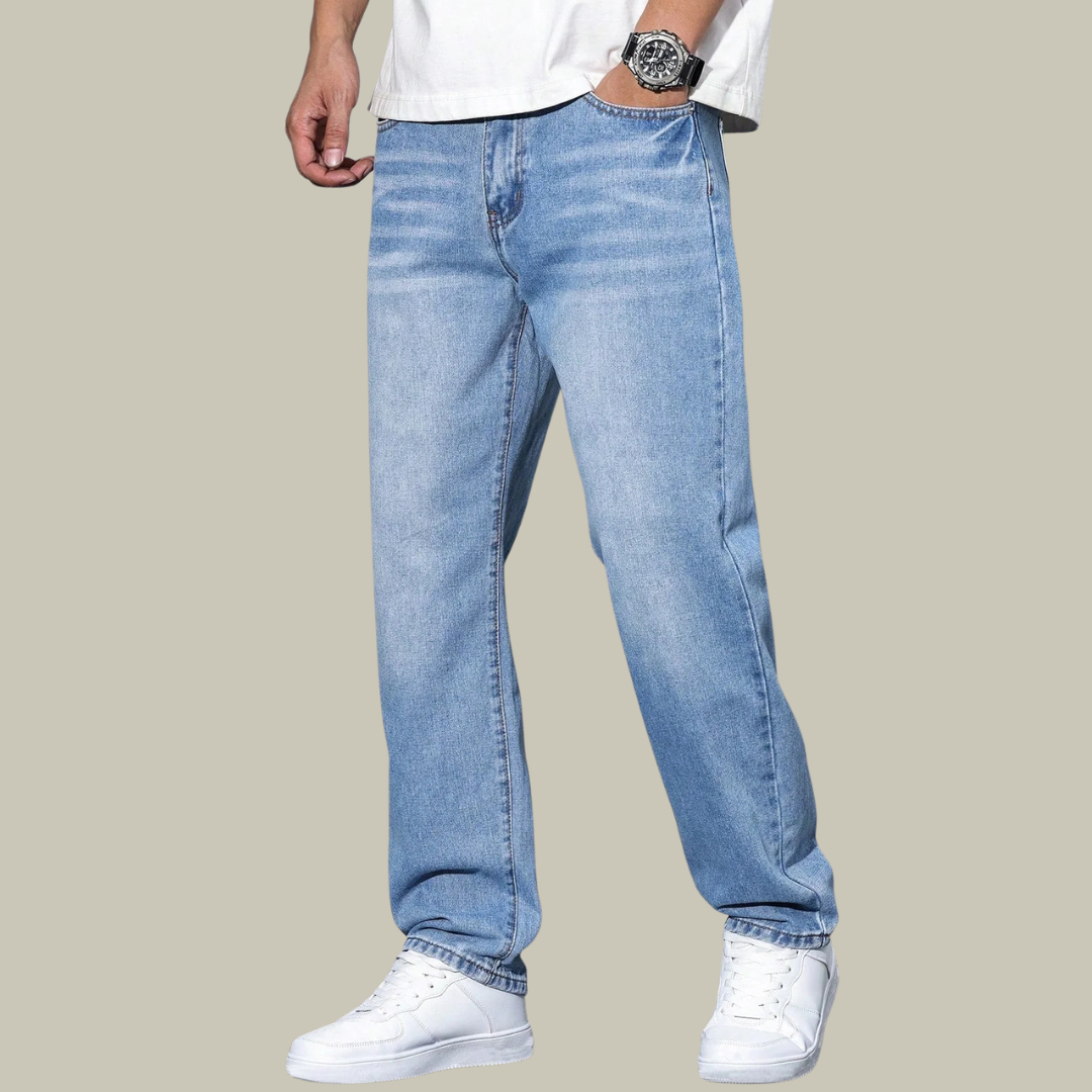 Men's Relaxed Fit Washed Denim Jeans - Vintage Straight Leg Pants