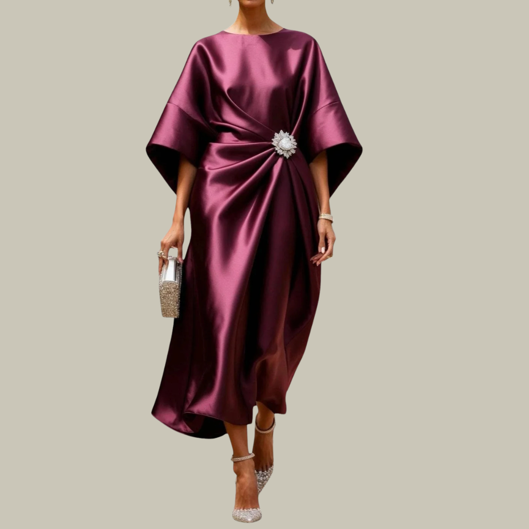 Women's Satin Relaxed V-Neck Pleated Dress